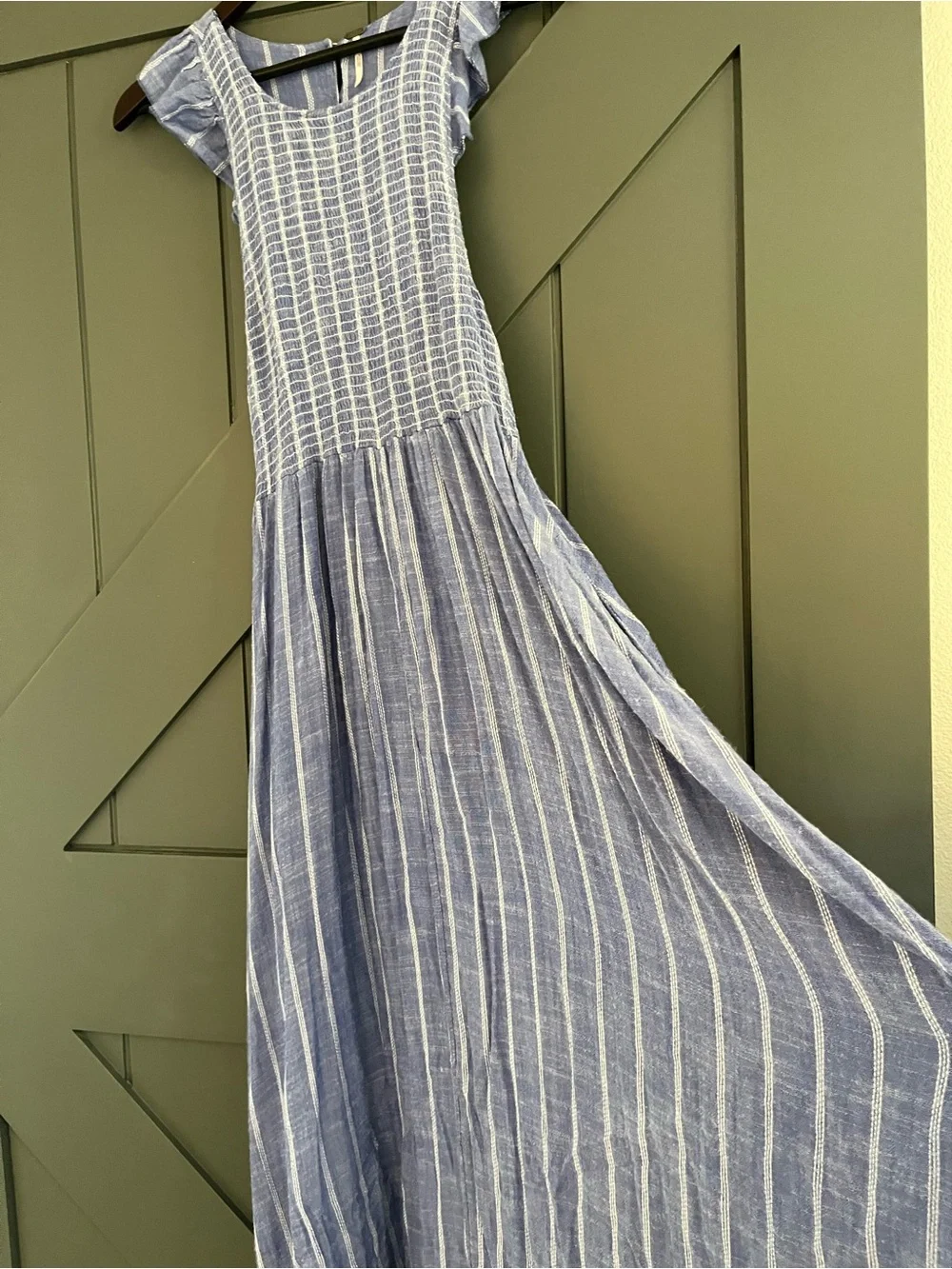Free People Blue Striped Chambray Smocked Maxi Dress